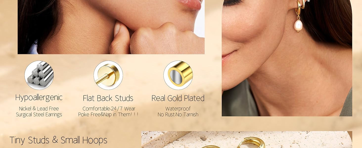 LOLIAS Flat Back Earrings for Women Hypoallergenic Surgical Steel Earrings for Sensitive Ears-20G Cartilage Earring Stacks Gold Hoops Flatback Stud Earring Sets for Multiple Piercing