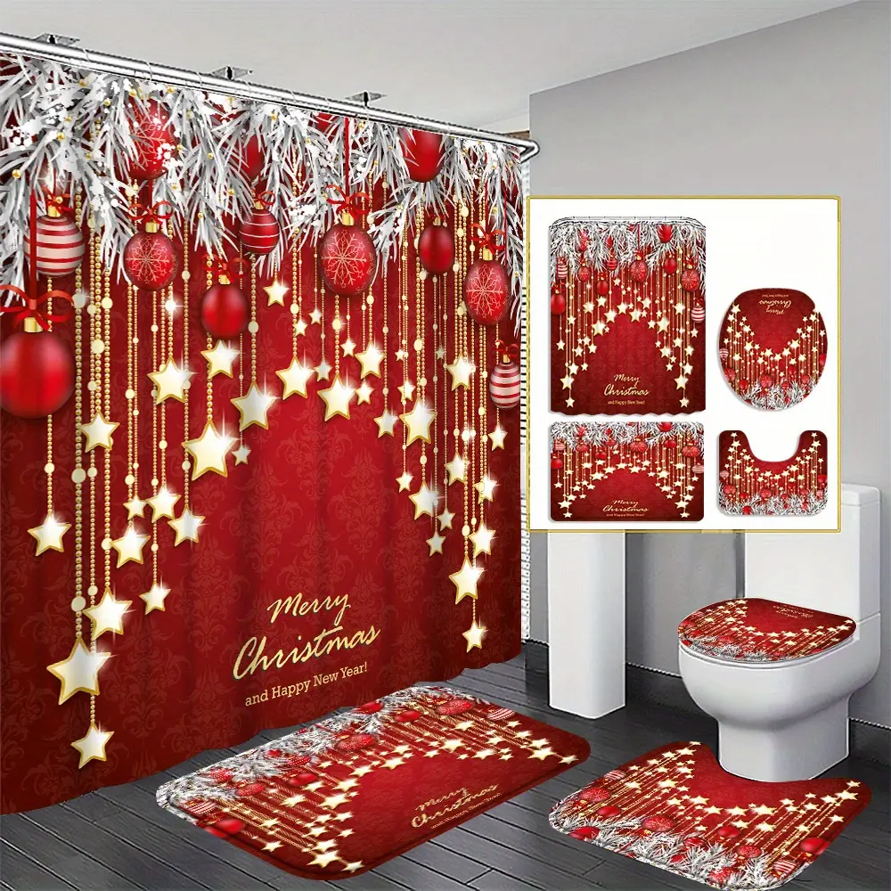 4 pieces of Christmas star curtains, shower curtain decoration, beautiful housewarming gifts, modern home decoration, shower curtains and toilet floor mats