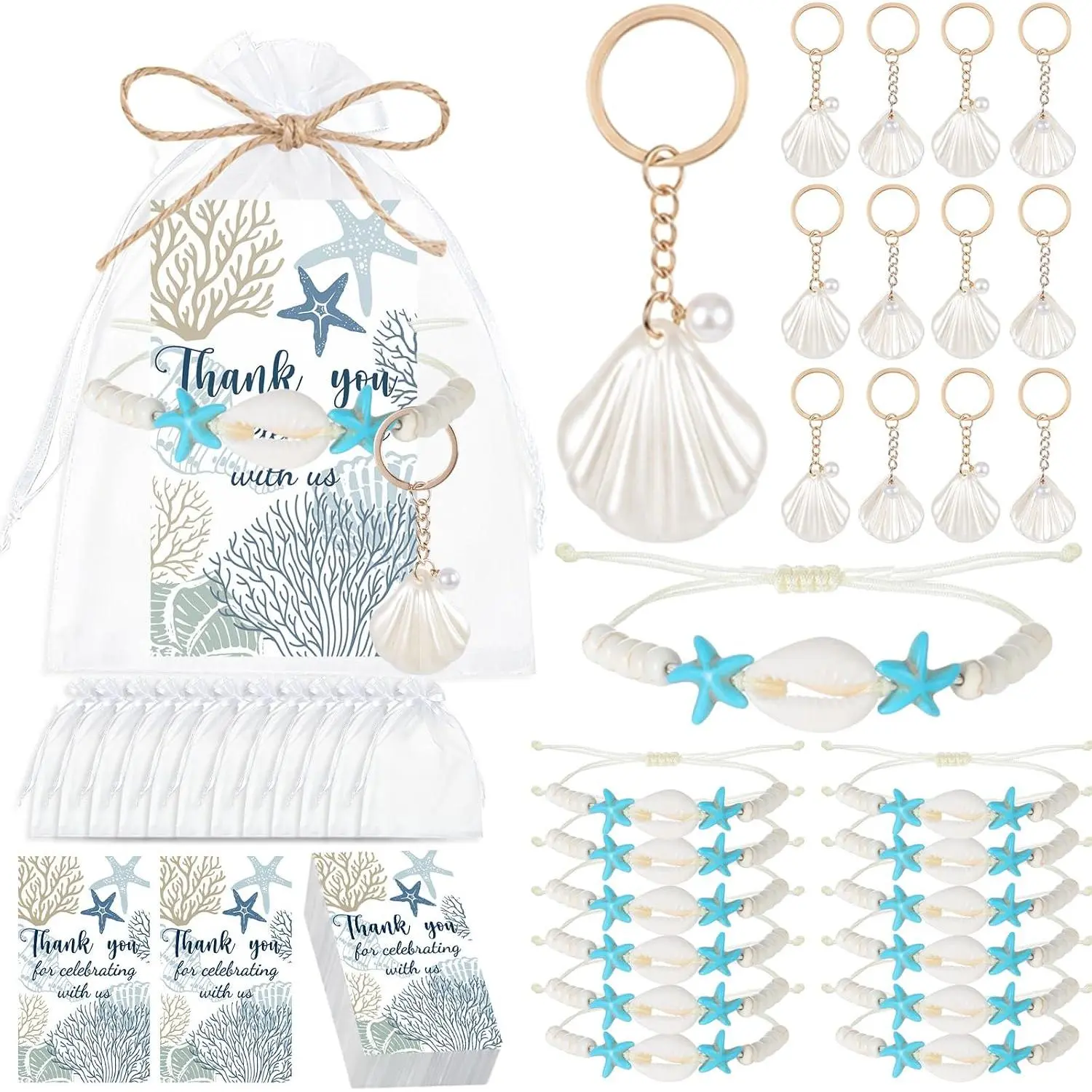 12 Set Summer Seashell Keychain Bracelets Party Favors Ocean Themed Coastal Shell Pearl Keychain Bracelet Bulk Set with Cards and Organza Bags for Nautical Wedding Bachelorette Baby Shower Beach Gift