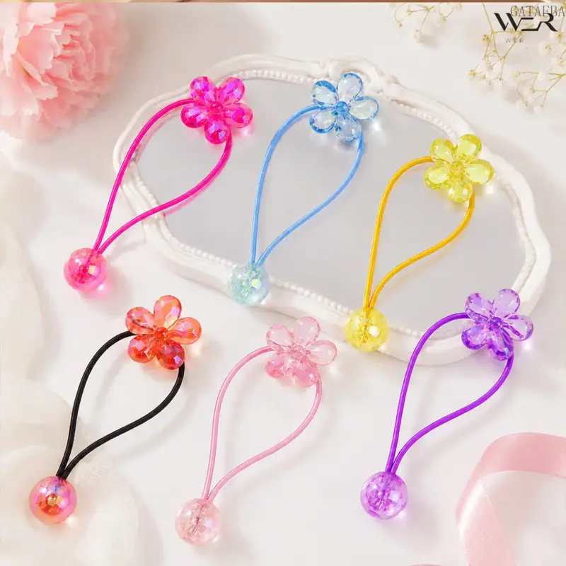 Women’s Colorful Flower Crystal Bead Scrunchie Set, 6 Pack Elastic Ponytail Holders, Fashion Bling Hair Accessories for All Ages Daily Styling, Ideal Holiday and Birthday Gift
