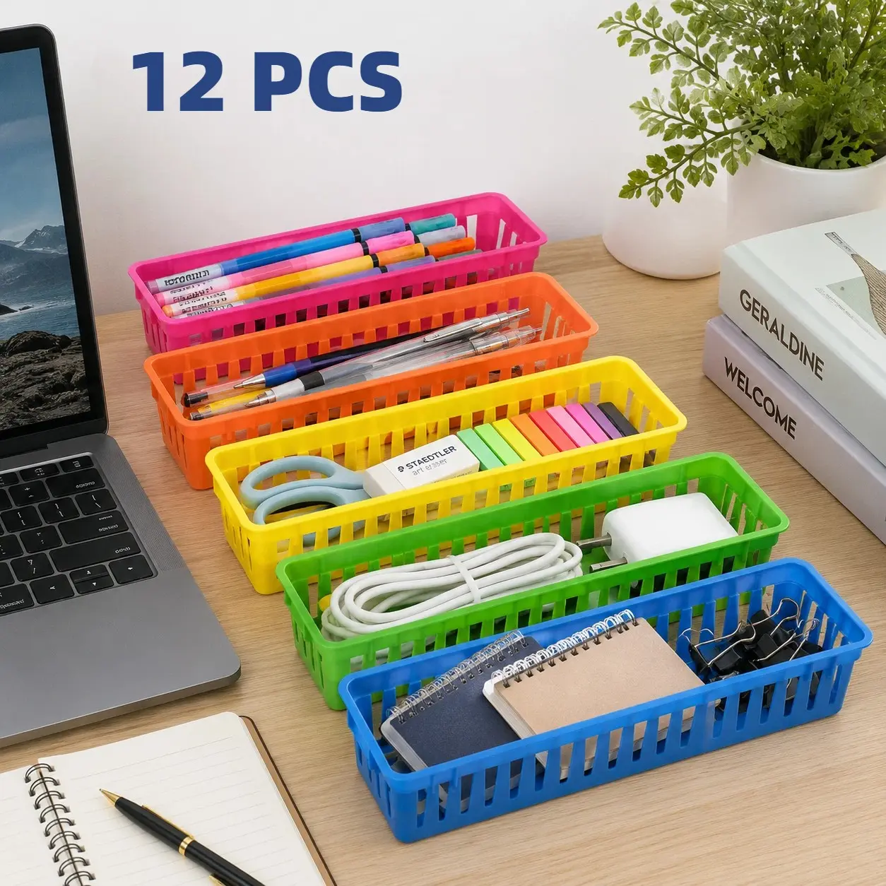 12 Pack Colorful Plastic Storage Baskets, Multipurpose Desk Drawer Organizer Bins for Office, Kitchen, Bathroom & School Supplies