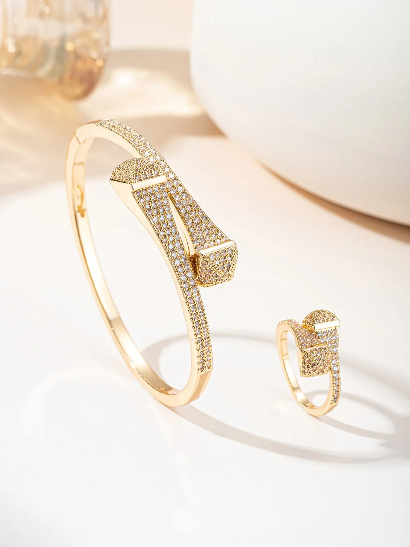 Luxury Bracelet and Ring Set for Women, Sparkling Cz Diamond Lock Bangle, Elegant Minimalist Fashion Accessories, Fashionable Jewelry Set