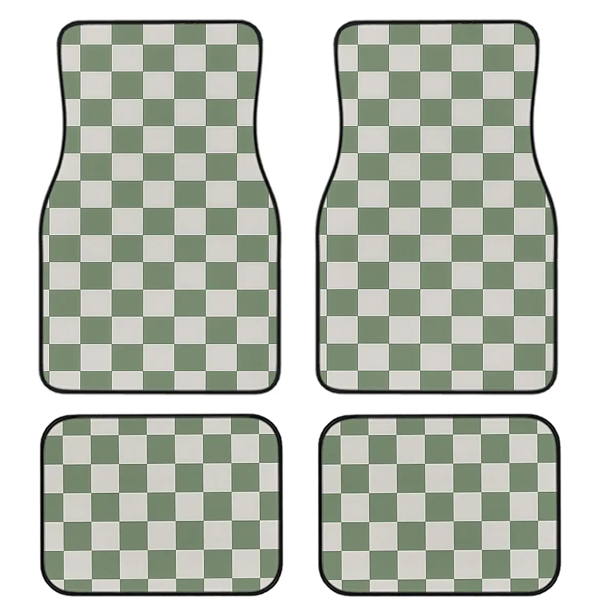 4-Piece Matcha Checkered Car Floor Mats, Polyester, Universal Fit, Front & Rear, Easy Clean, Comfortable & Protective