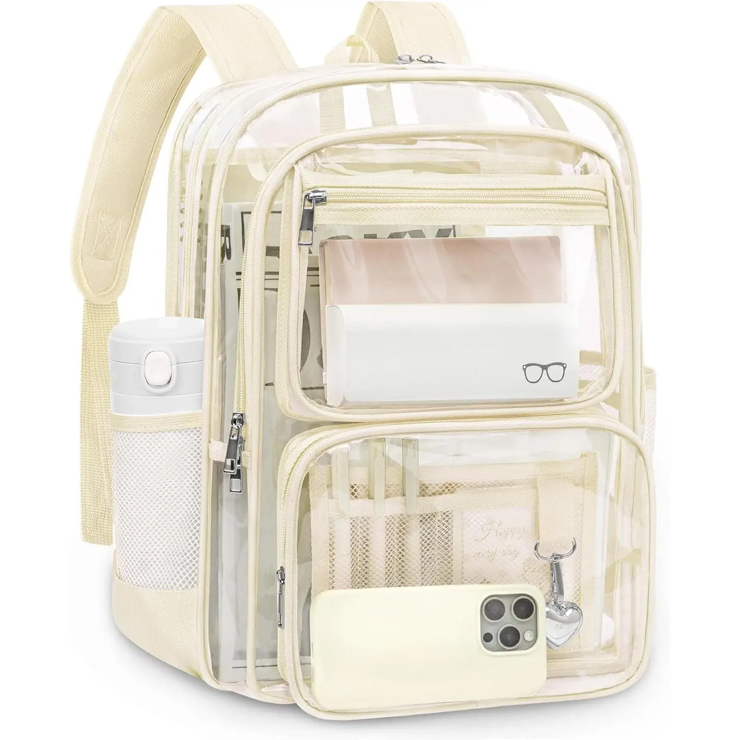 Clear Backpack for School, Large Heavy Duty Clear Bookbag with Luggage Strap & Stitches for Girls Boys, Reinforced See Through PVC Transparent Backpack for Stadium Events College Travel Work BeigeGift.