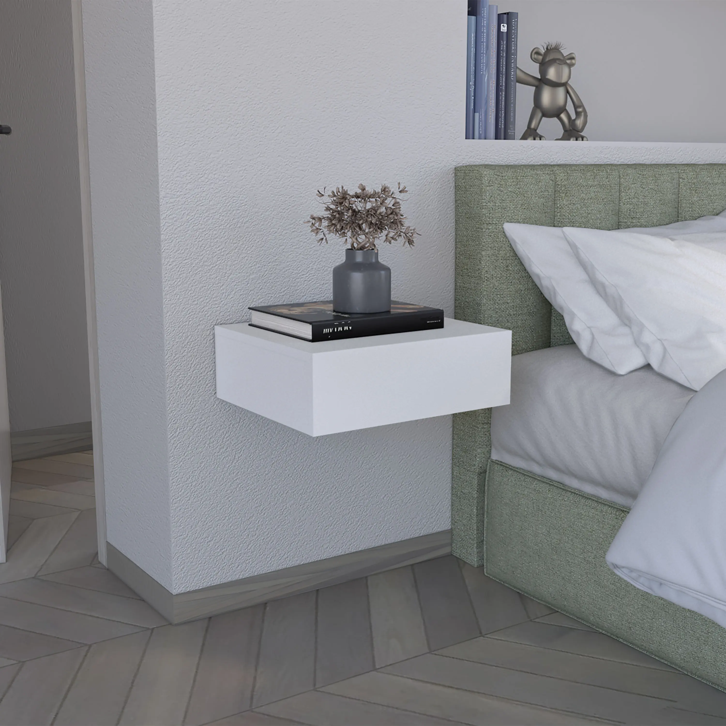 Nokaa Floating Nightstand 5"H, Wall-Mounted Bedside Shelf with Drawer, White Wood Nightstand for Bedroom, Small Space Storage, 15.7"W x 13.4"D x 5.1"H, Easy Assembly, Pine & Particle Board
