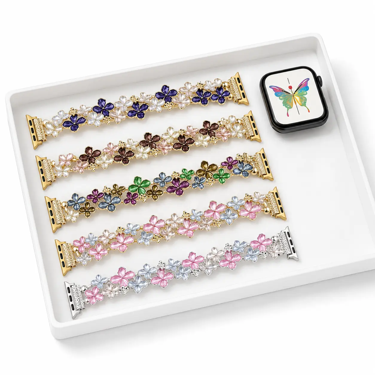 Multicolor Elastic Metal Bracelet Watch Band for Watch, Stretch Stainless Steel Replacement Strap with Floral Bead Design for Daily Wear Compatible with 38mm 40mm 41mm 42mm 44mm 45mm 46mm 49mm