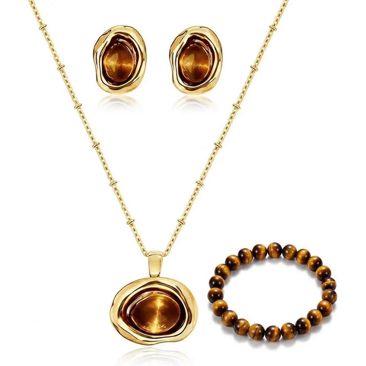 Tiger Eye  Set for Women Tiger Eye Stone Necklace Earrings Bracelet Brown  Chunky Stone Pendant Necklace  Earthy  Set Everyday Fashion Layered Accessories