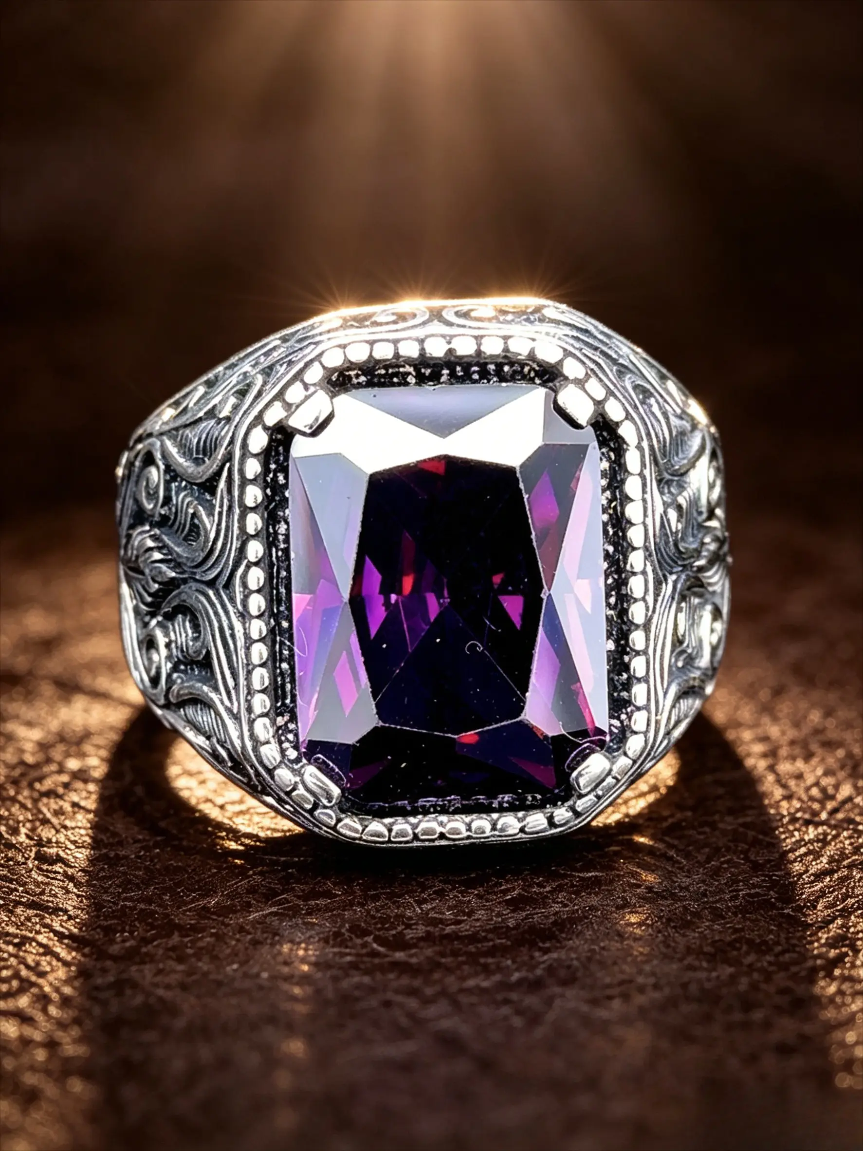 Retro Scrollwork Carved Wide Signet Ring For Him Her, Antique Oxidized Silver Band With Large Square Cut Simulated Purple Amethyst, Gothic Vintage Biker Statement Finger Jewelry, Daily Party Anniversary Birthday Gift For Boyfriend Husband