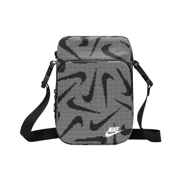 Nike Heritage Crossbody Bag for Men and Women – Printed Logo, Adjustable Strap, Zip Closure, Fabric Construction, Black and White