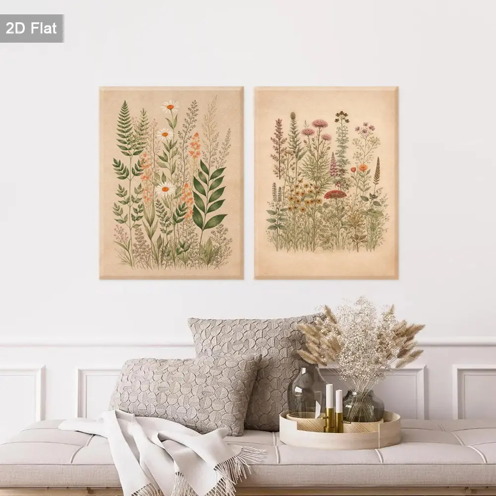 2 Piece Framed Plant Illustration Wall Art, Vintage Natural Style Canvas Poster, Earth Tone Floral Print, Home Decor for Living Room, Bedroom, Office, Bathroom