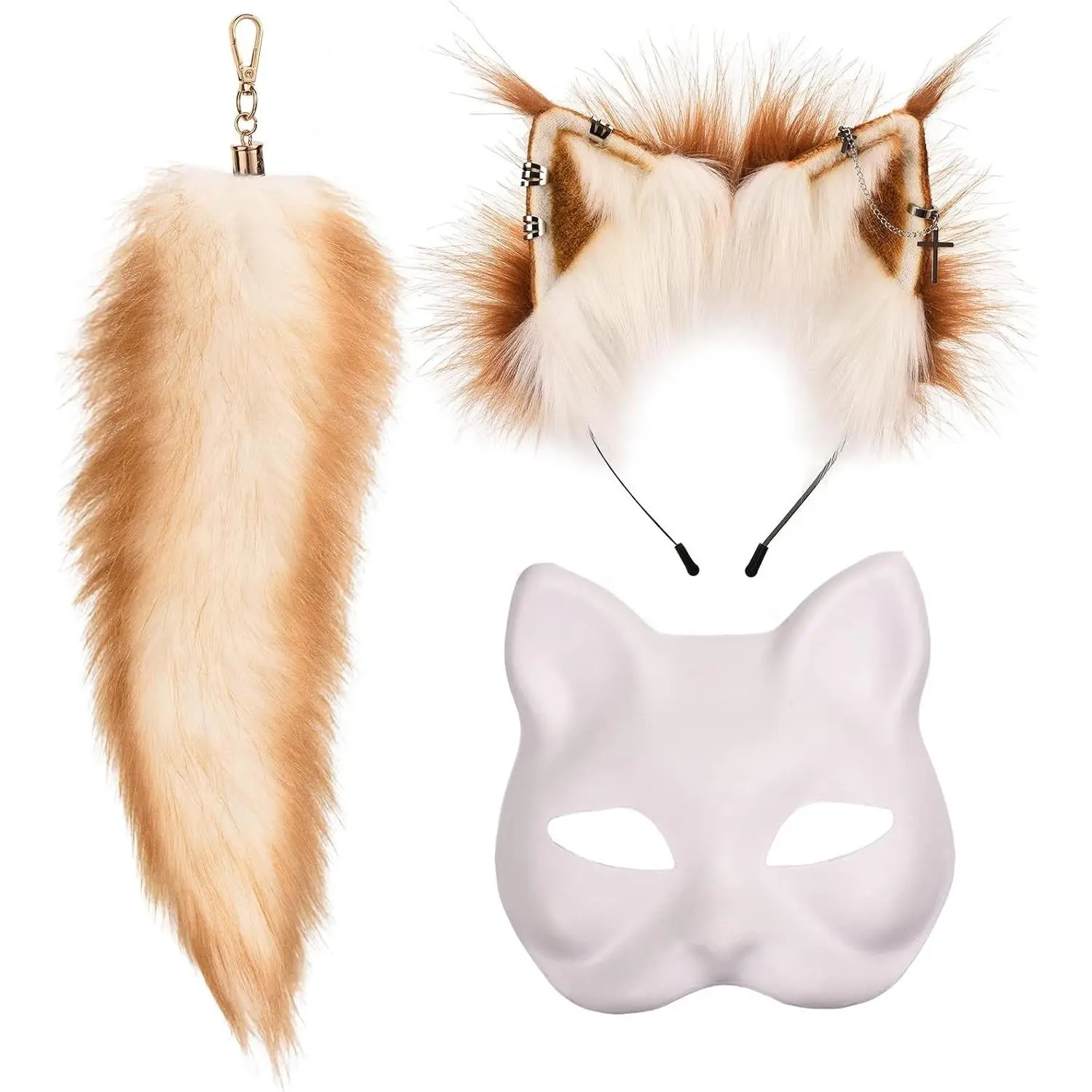 Furry Therian Mask and Tail Set for Girls, Faux Fur Fox Mask Wolf Tail Cat Costume Ears Headband for Halloween Cosplay Party