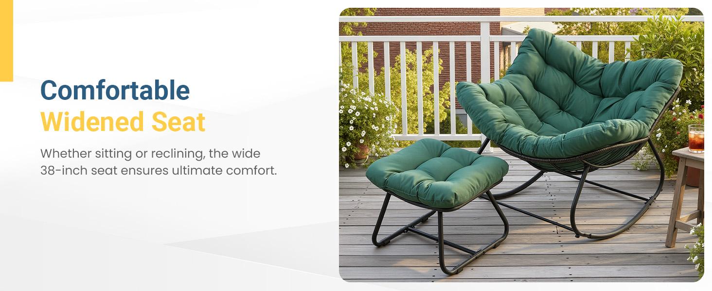 RoyalCraft Patio Rocking Chair with Ottoman, Outdoor Indoor Rocking Egg Chair with Cushions, Metal Lounge Chair Oversized Papasan Chair, Outdoor Wicker Reading Chair for Porch Garden, Green