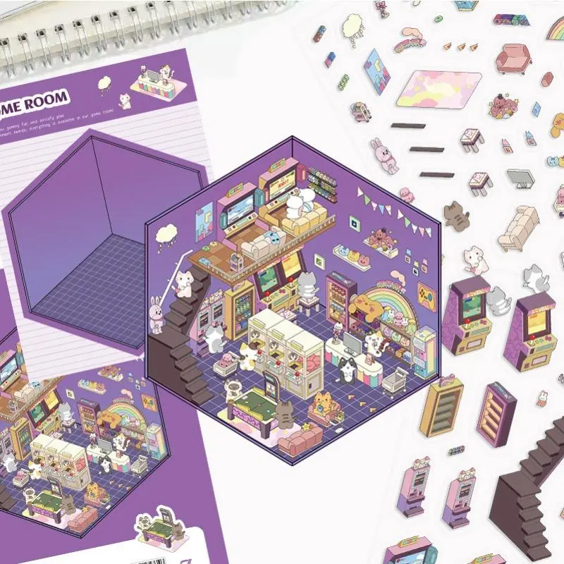 PET Cartoon Scene Stickers, Assorted Miniature 3D Houses, Stress-Relief DIY Journal Scenery Stickers for Wholesale
