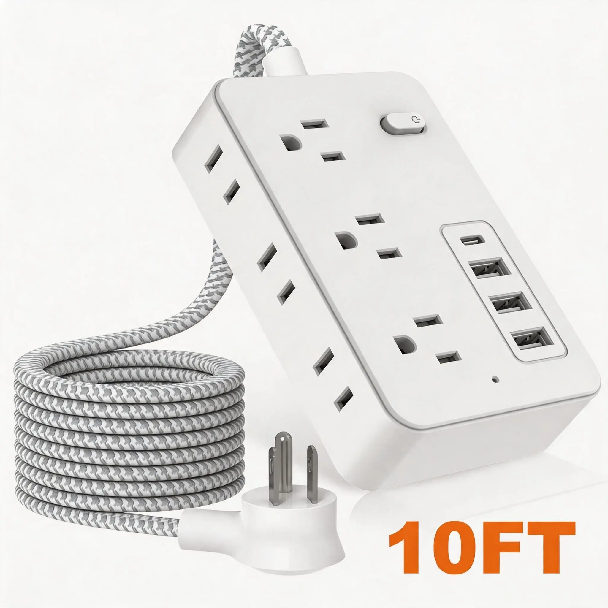 10FT 10-in-1 Power Strip Surge Protector with 6AC Outlets, 3USB &1Type-C Ports | 5FT Multi Plug Outlet Expander, Compact Desk Multi-plug Outlet | Flat Plug Design, Space-Saving Extension Cord for Home, Office And Kitchen