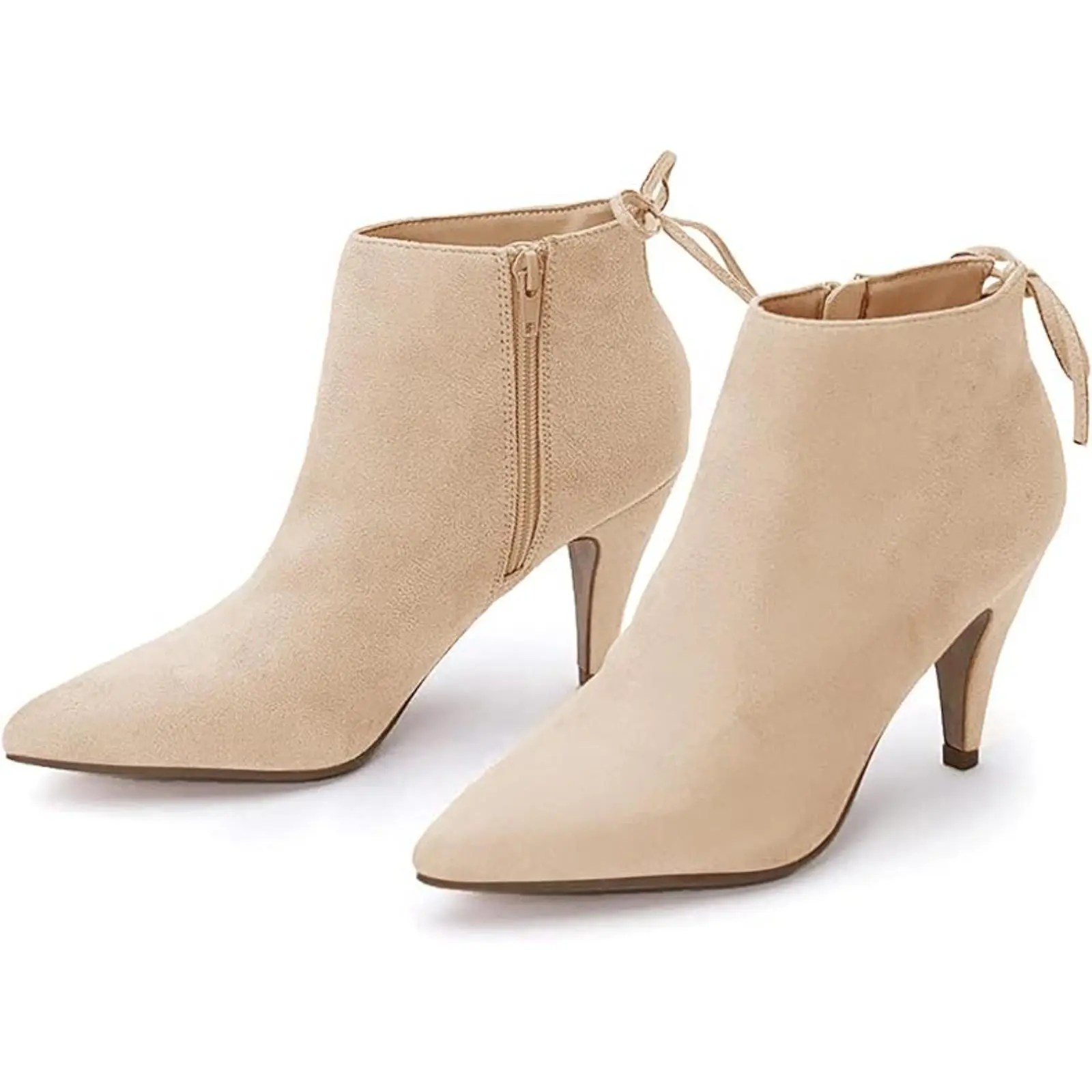 Coutgo Women's Pointed-Toe Kitten Heel Ankle Booties, Casual Strappy Faux Leather Boots with Bowtie for Fall Dresses, Footwear, Plain, Casual Basic, Rubber Sole, Breathable, Fashion, All Seasons, Classic