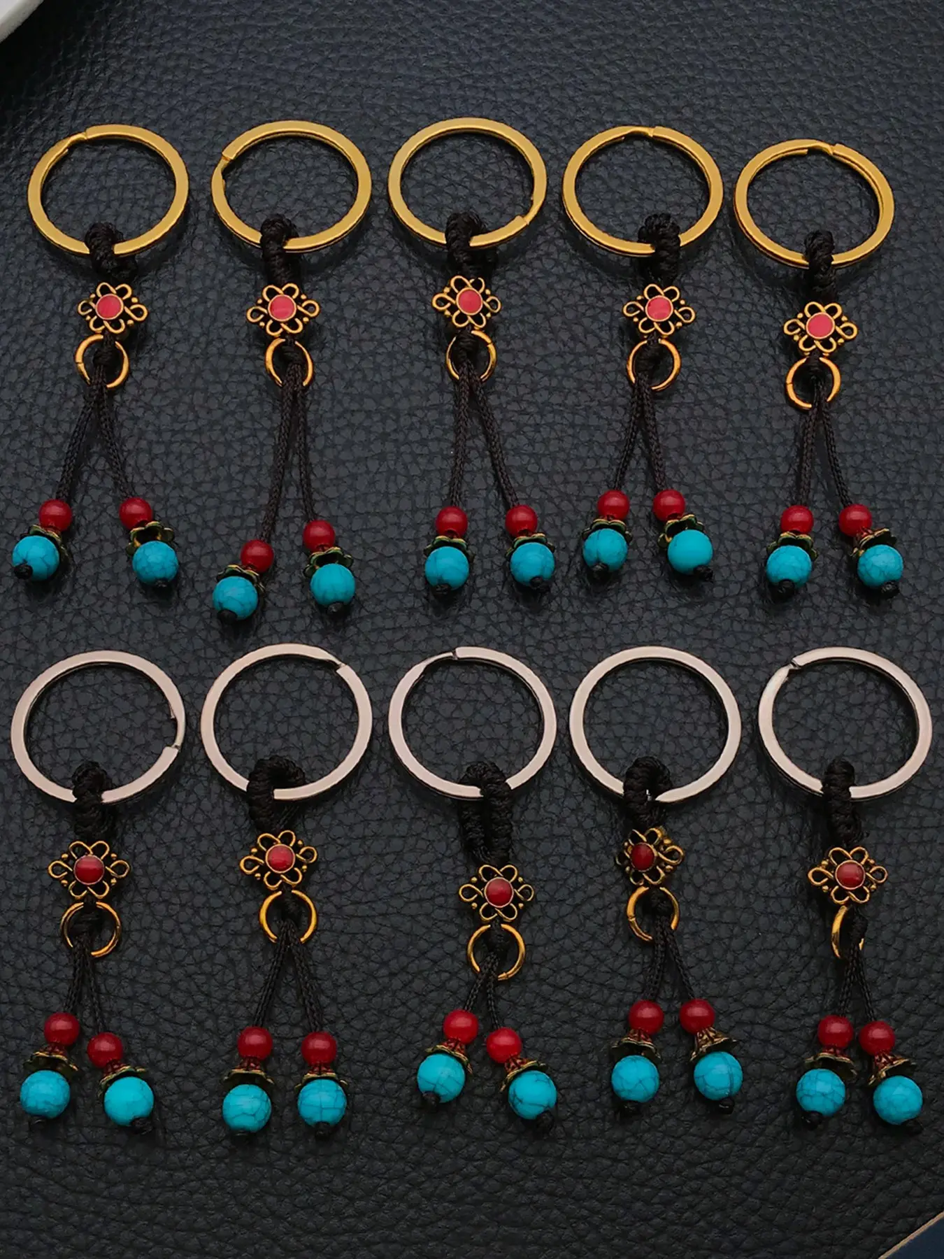 10pcs Boho Tibetan Style Keychain, Chinese Knot Key Ring with Turquoise Beads, Hand-Woven Rope Pendant, Ethnic Gift for Men Women