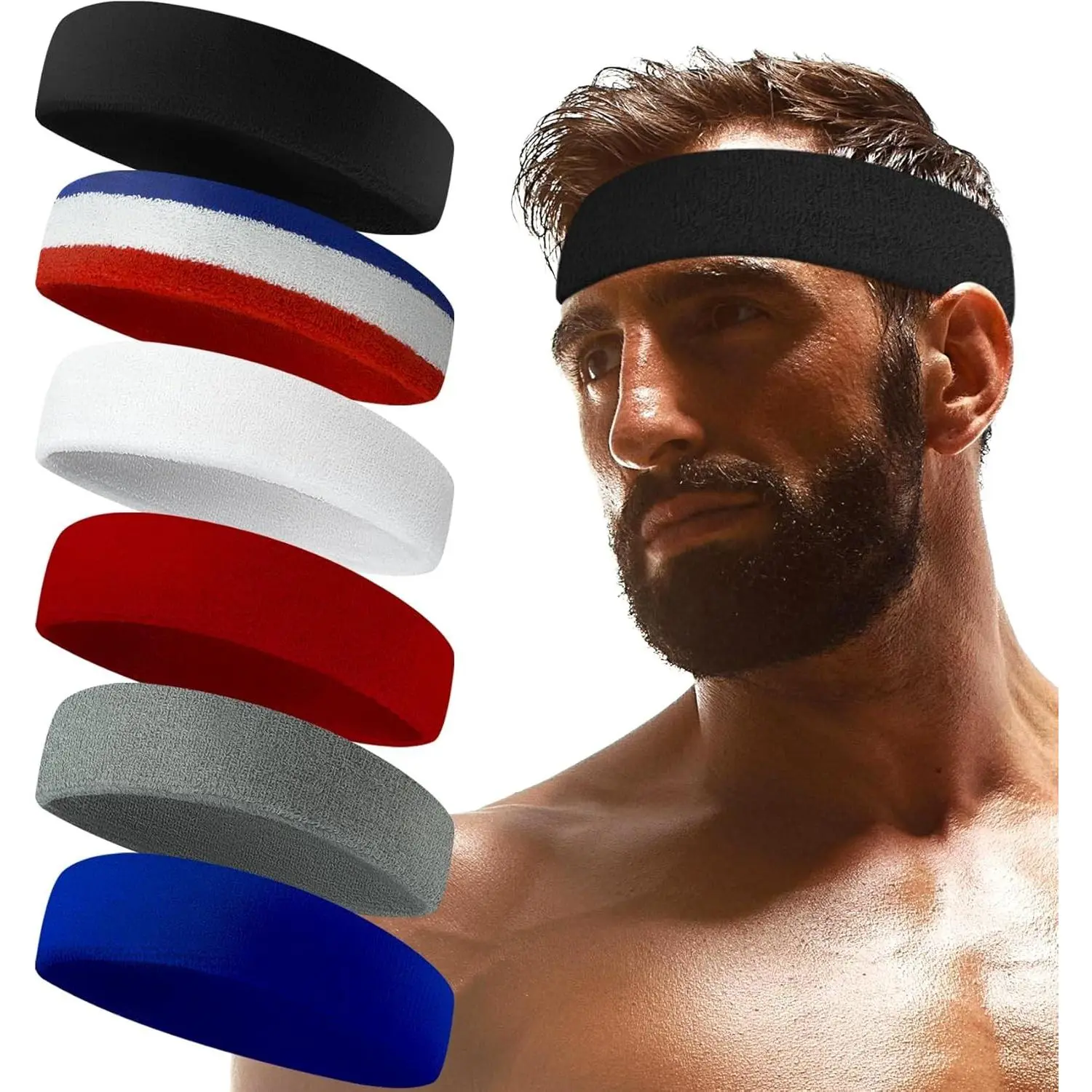 Sweatbands Sports Headband for Men & Women - Terry Cloth Moisture-Wicking Sports Towel Headband for Tennis, Basketball, Running, Gym, and Fitness Working Out