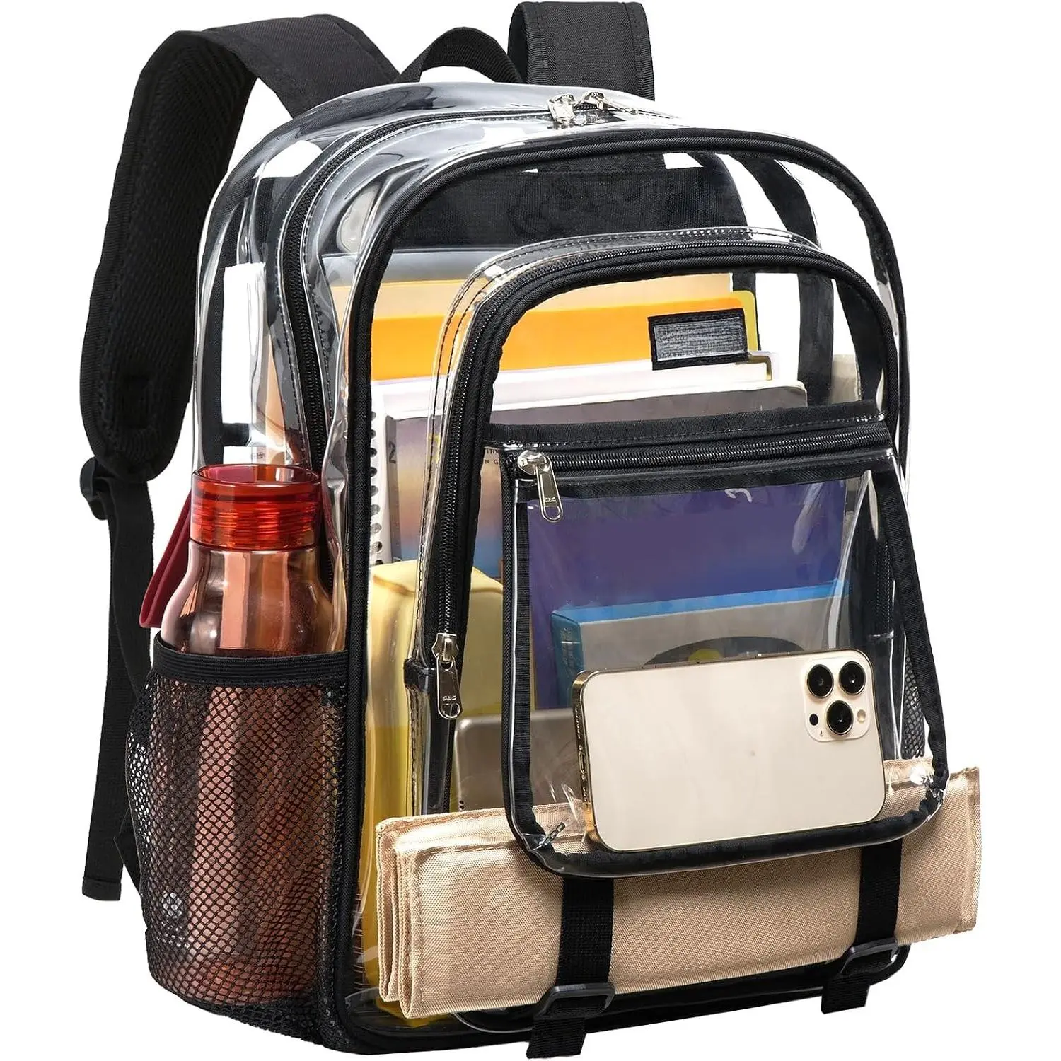 16 Inch Heavy Duty Clear Backpack for School, Large-Black | Clear Bookbag for Girls Boys, 17L Large Capacity, 0.5mm Thick PVC, Reinforced Straps & Thickened Bottom, Fits 15.6" Laptop