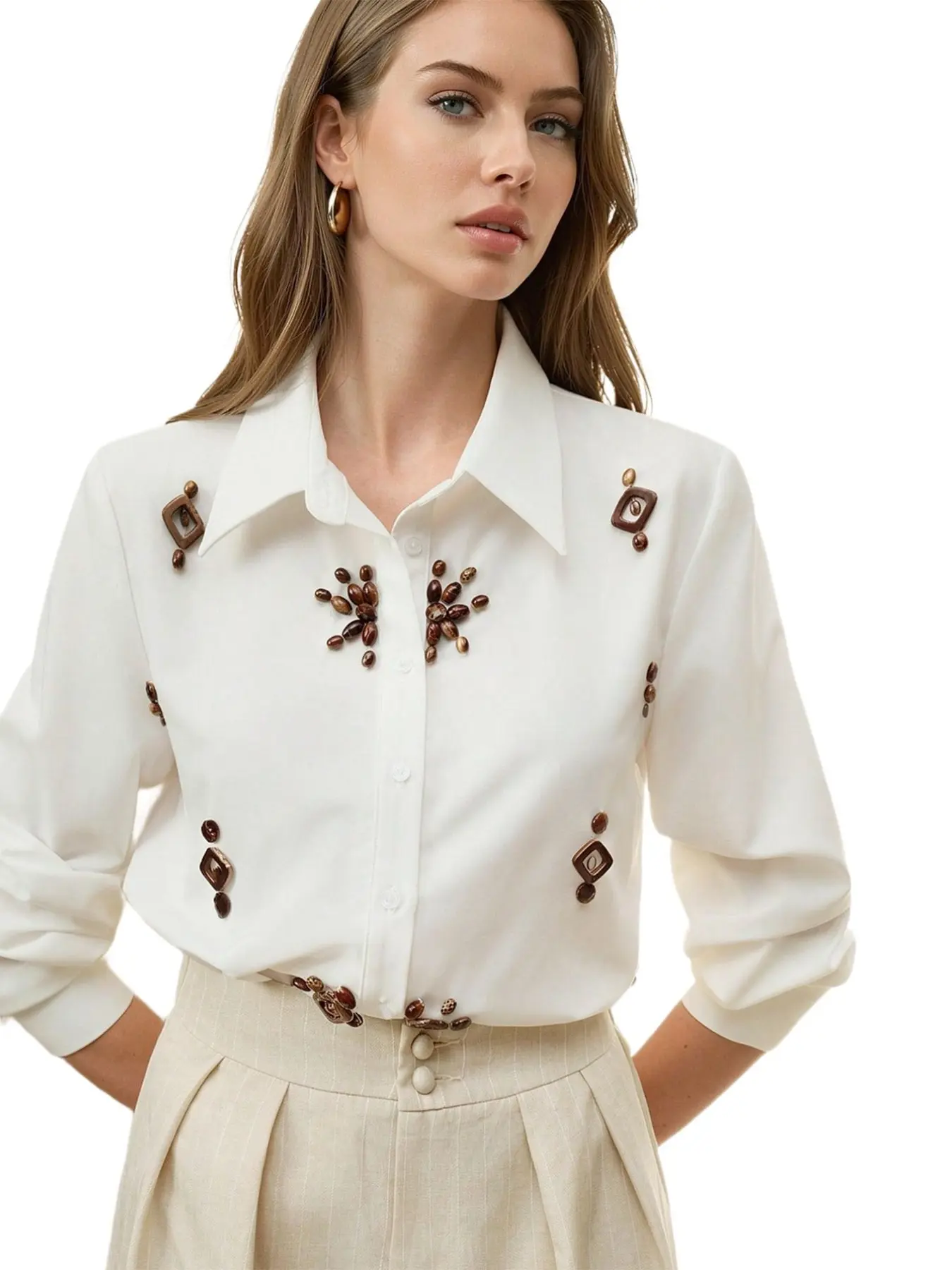 Women's Ethnic Style Vacation Handmade Wood Bead Long Sleeve Shirt, Spring for Women, Summer Clothes, Blouses, Collared Top