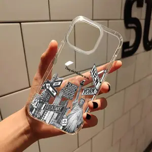 Transparent Aesthetic New York Architecture Collage Case for iPhone 11 12 13 14 15 16 17 Pro Max Plus Air, Black White Texture City Landmark Print, Slim Clear Protective Phone Cover, Unisex Ideal Birthday Gift