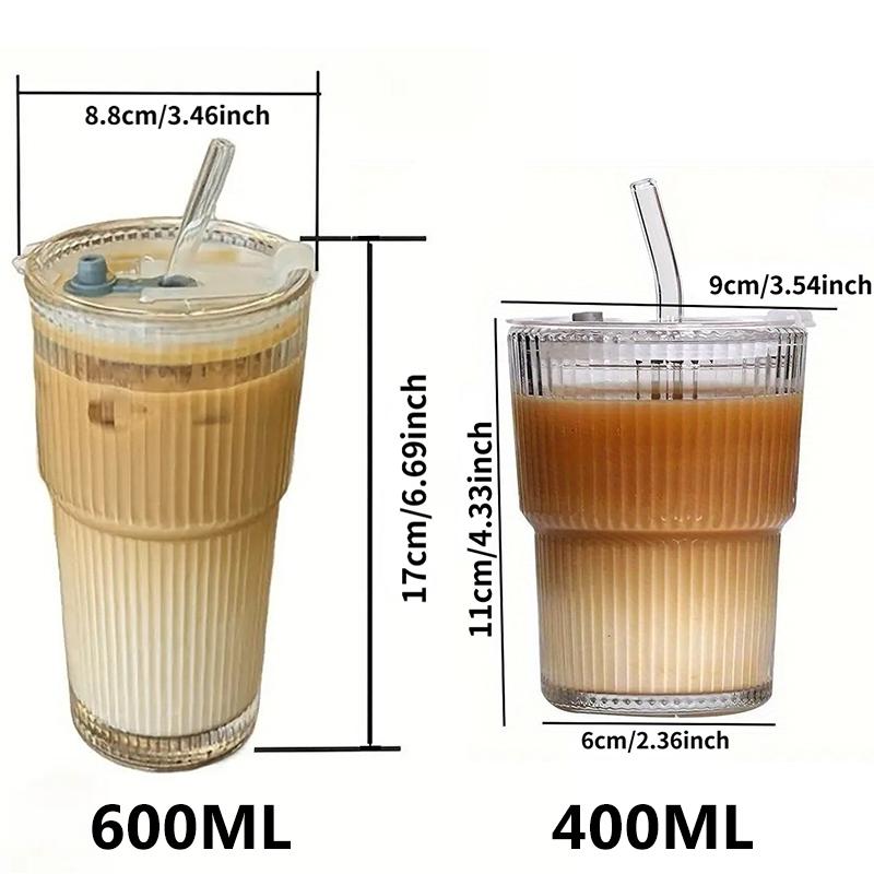 Large-Capacity Striped Glass Tumbler with Lid, Reusable Cold-Drink Cup for Juice or Coffee, Hand-Wash-Only Drinkware for Home, Office, Celebrations & Gift