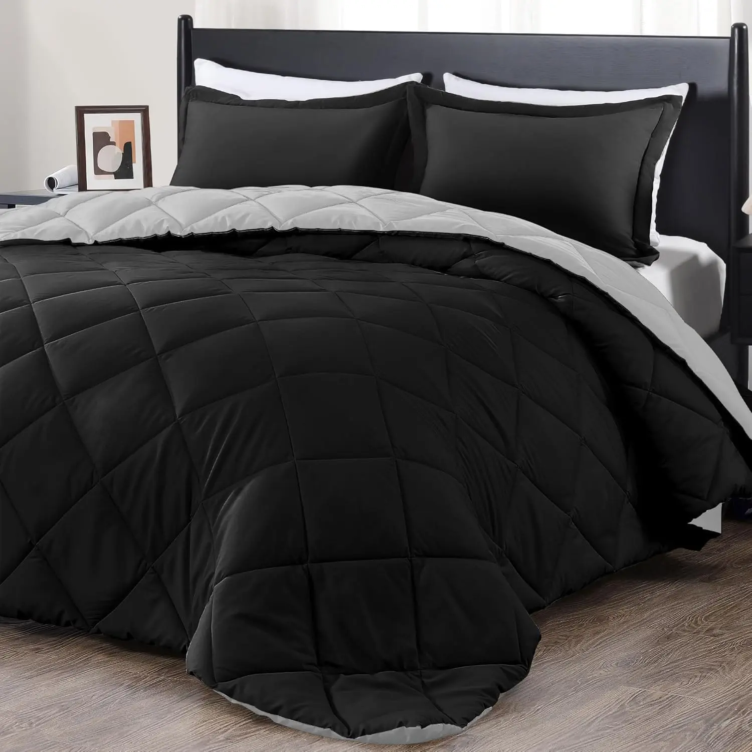 Full Size Comforter Set - Black and Grey Full Comforter - Soft Bedding Sets for All -3- Piece Comforter Set Full with 2 Reversible Pillow Shams