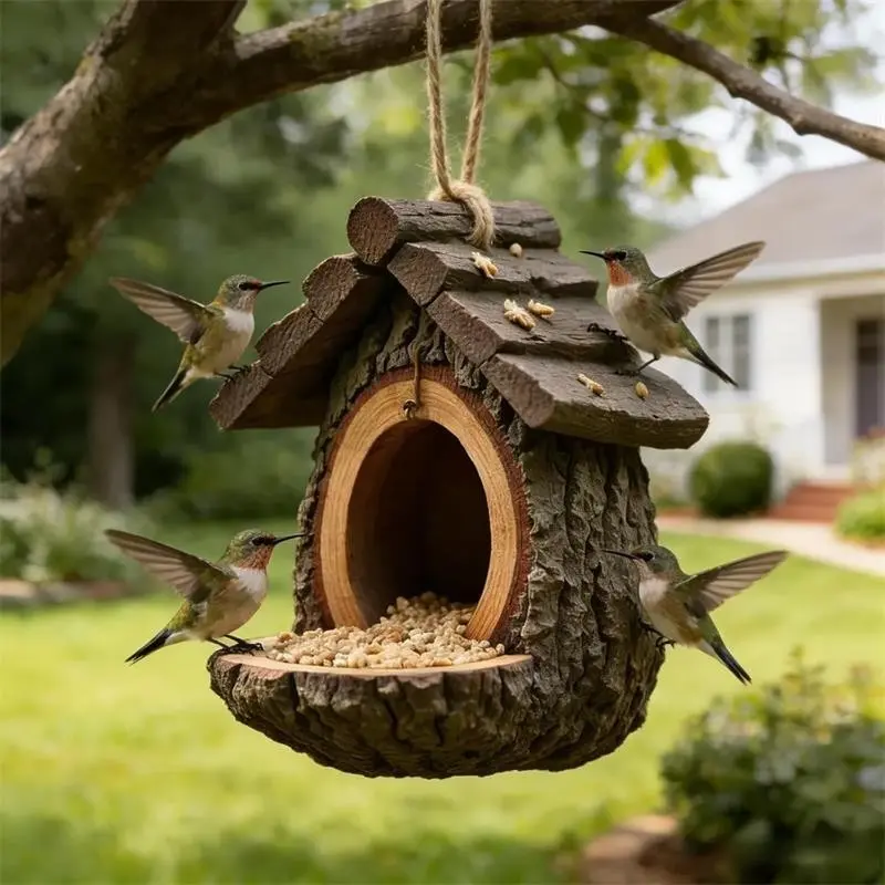 Vintage Treehouse Bird Feeder, Waterproof Resin Hanging Bird Feeder, Durable Outdoor Wildlife Feed Station for Garden Patio Terrace, Bird Feeders for Outdoors