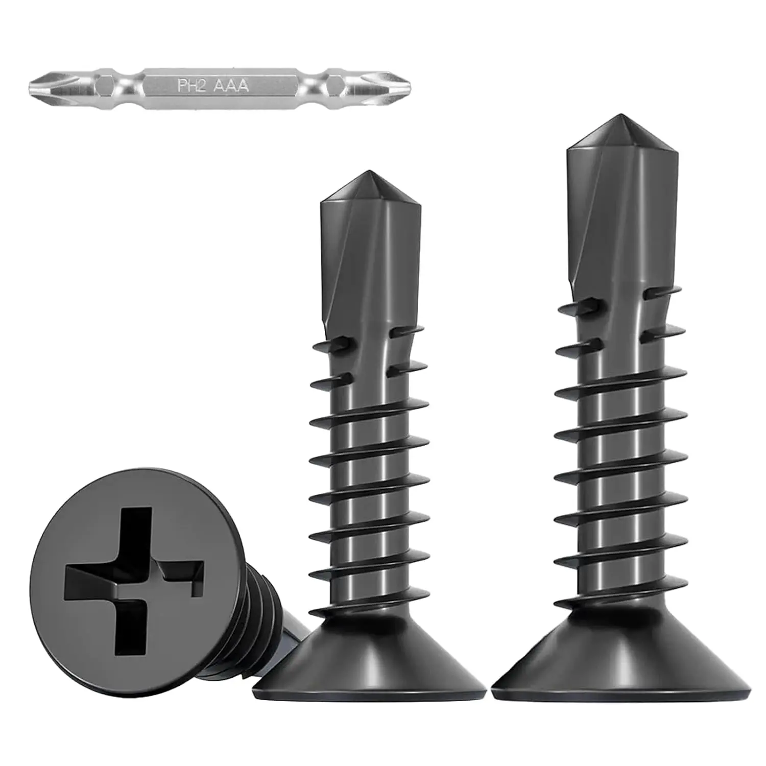 100 count Self Tapping Screws for Metal, 410 Stainless Steel, Black Coating, #8 x 1 Phillips Drive Flat  Self Drilling Screws, Countersunk Sheet Metal Screws, Deck Screws Kit with 1 Bits