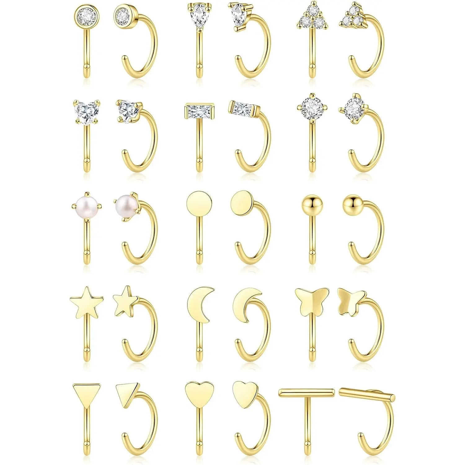 15Pairs Backless Half Hoop Huggie Earrings for Women Gold Silver Small Open Hoops Earring for Multiple Piercings Lightweight No Back Poke Comfort Fit,septum,tongue,cuff,bull,colorful,nose,floating