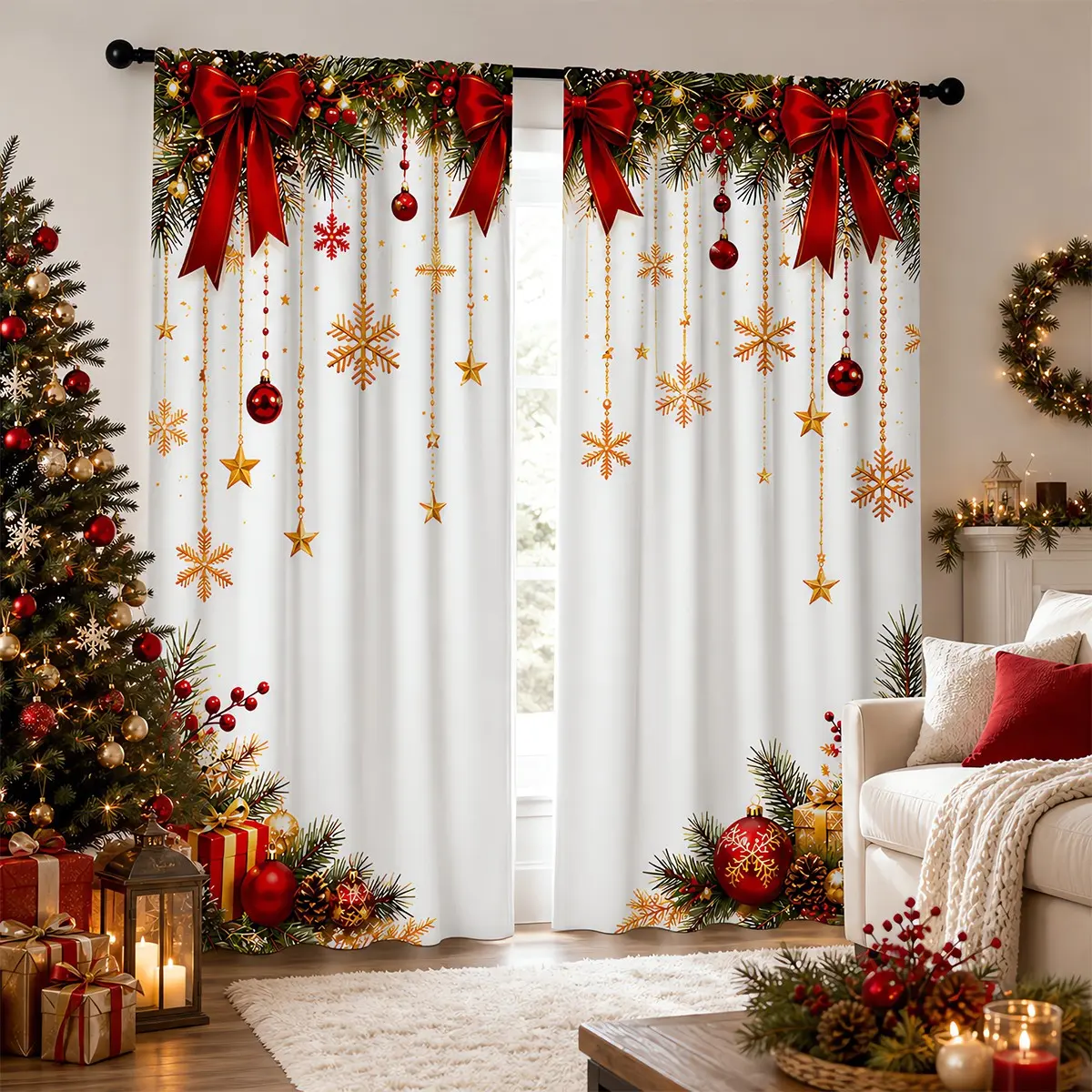 2pcs White semi-blackout curtains with Christmas decorations, featuring bows, pine branches, red berries, hanging gold balls, snowflakes, stars, and a pine cone Christmas element print. Pocket rod installation, suitable for living rooms, bedrooms, etc.