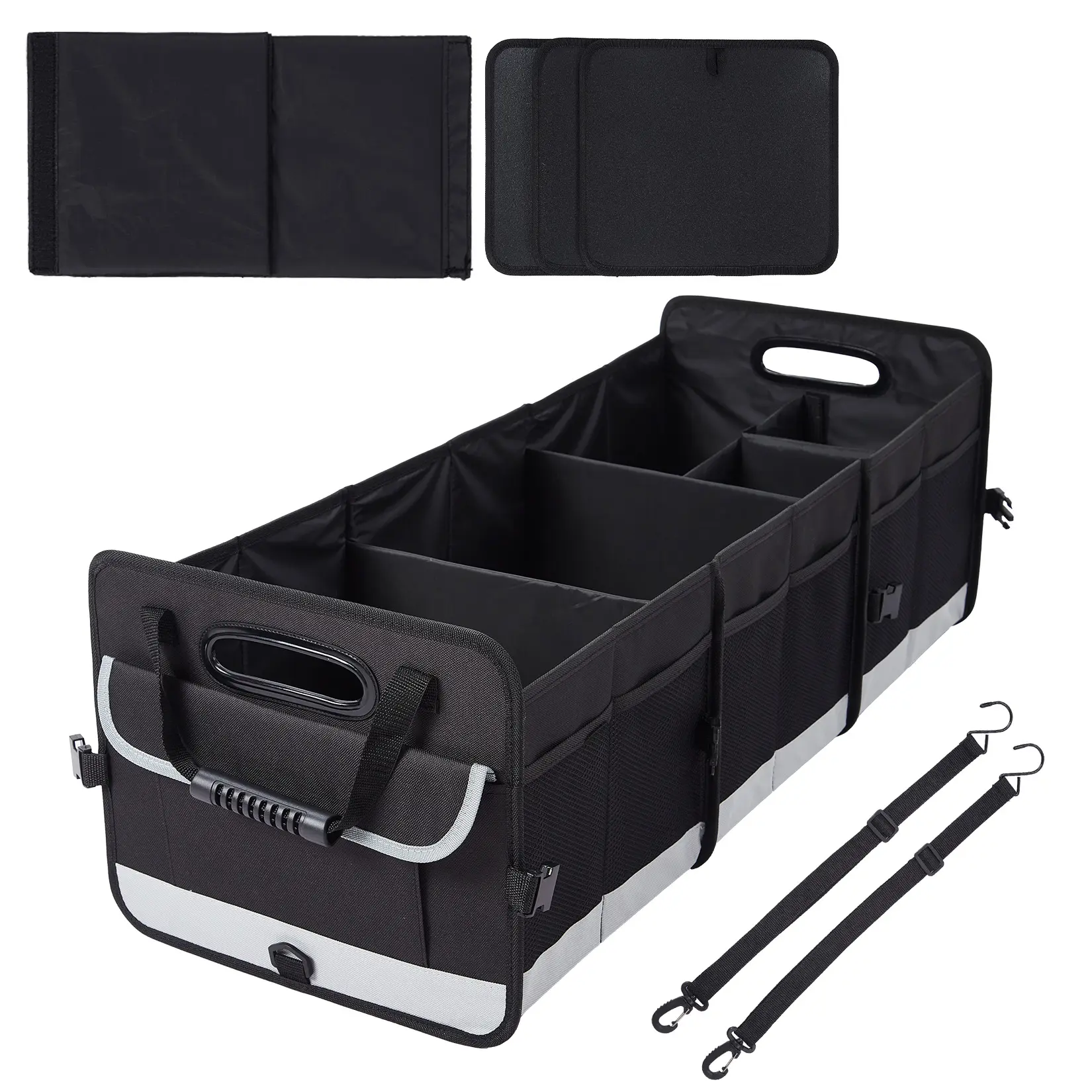 Heavy-Duty Car Trunk Organizer with Lid & Handles, Large Collapsible Cargo Storage Bin - 3 Compartments, Non-Slip Base - for SUV, Truck & Car - Black/Gray, 35.4 x 13.8 x 11.8 in