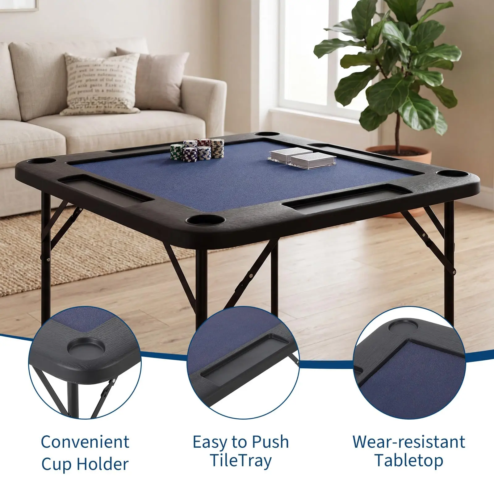 Folding Square Mahjong Table for 4 Players - Portable Game Desk with Blue Felt Surface, Cup Holders & Chip Trays - Ideal for Mahjong, Poker, Dominoes, Puzzles - 90cm