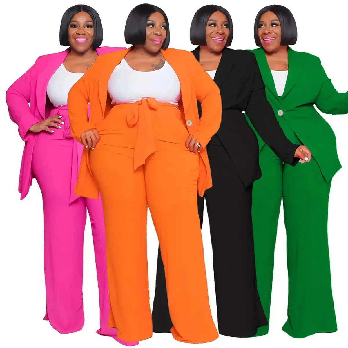 Women's Plus Size Fashion Business Casual Suit Long Sleeve Ankle-Length Belted Blazer Trouser Rose Red Fitted