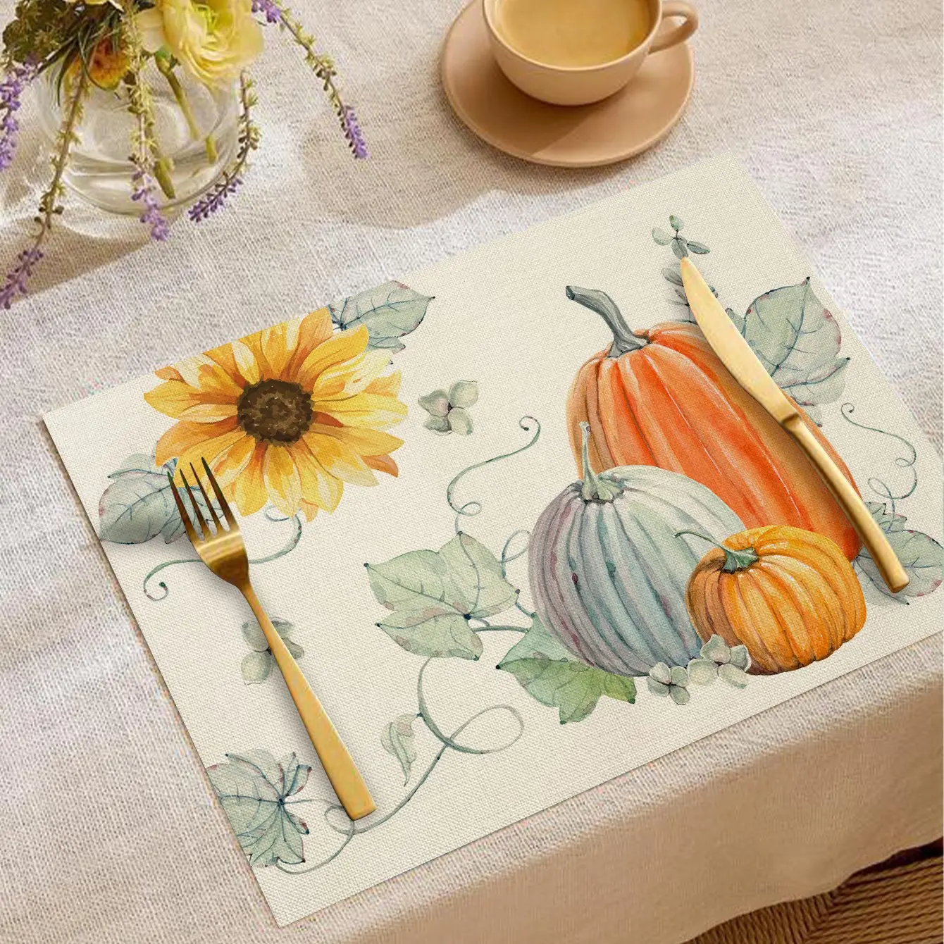 Autumn Thanksgiving Placemats, Maple Leaf Pumpkin Print, Heat Resistant, Simple Style, Ideal for Festive Dinners and Daily Use
