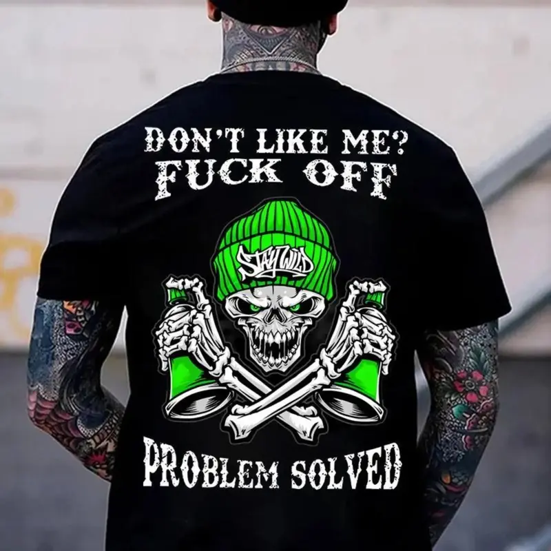 Men's Short-Sleeve Cotton Casual T-Shirt - Tattooed Graffiti Skull Graphic "Don't Like Me F*ck Off" Streetwear, Vintage Aesthetic Premium Round Neck Garments, Fade-Free Ink, Standard Sizes, Soft, Oversized/Regular Fit, Sports & Outdoor Top