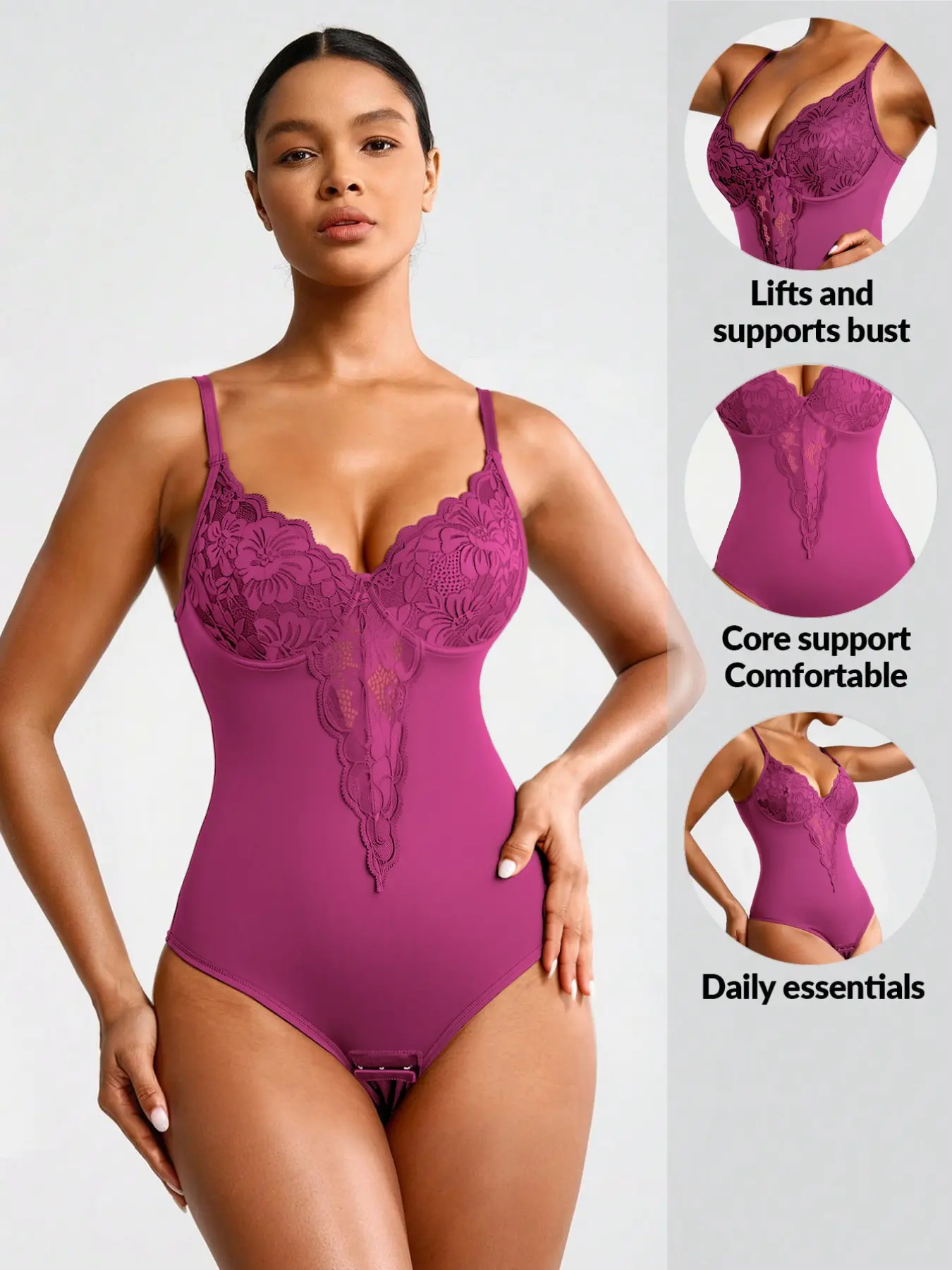 Floral Lace V Neck Shapewear Bodysuit Underwear, Bust Lift & Core Waist Support, Snap Crotch Design, Elegant Daily Essential Shaping Lingerie