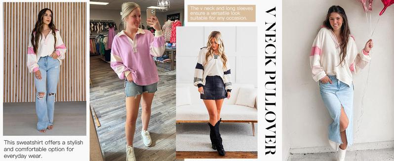 Imily Bela Womens Color Block Oversized Sweatshirt V Neck Long Sleeve Casual Loose Pullover Tops Hoodie Striped Pink & White
