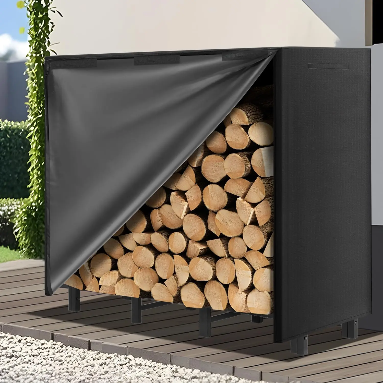 4FT Firewood Rack Outdoor with Cover, Heavy Duty Adjustable Firewood log Storage & Holder, Wood Pile Lumber Storage Rack Stacking Outside for Courtyard Patio.