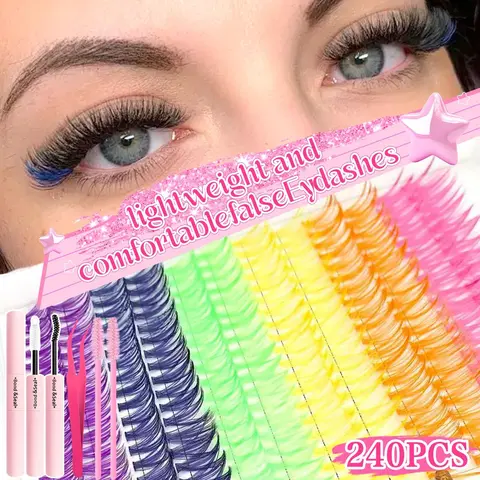 600/392/240Pcs DIY Eyelash Extension Set, Mixed Style Individual Eyelashes with Glue, Tweezers and Brush, Mixed Length & Color D Curl Eyelashes Clusters, Beginner Friendly Lashes, Voluminous Lashes for Parties, Eyelash Extensions Kit, Volume Eyelashes
