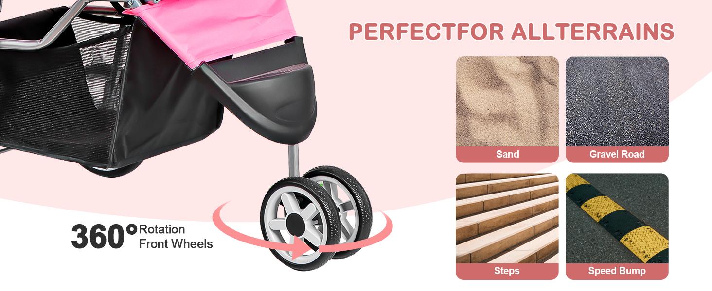 AGS Foldable Pet Stroller for Cats and Dogs 3 Wheels Carrier Strolling Cart with Weather Cover, Storage Basket + Cup Holder (Pink)