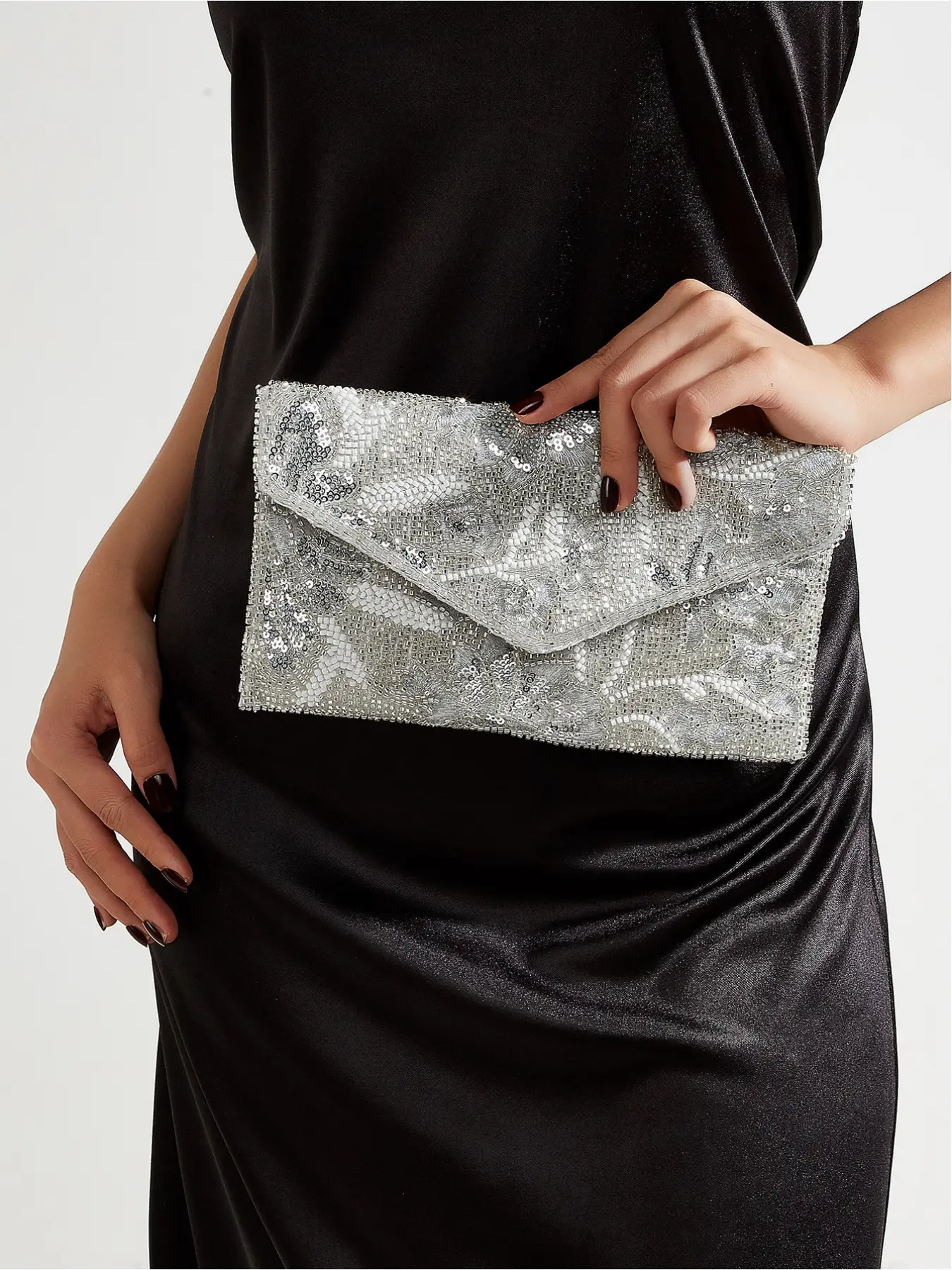 Silver Full Beaded Floral Envelope Chain Strap Glittery Clutch Bag, 2-in-1 Detachable Chain Crossbody Evening Purse, Sequined On Both Sides, Elegant Formal Handbag For Wedding Guest Prom Cocktail Party, Ideal Gift For Women
