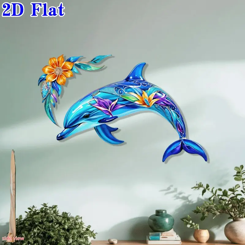 2pcs Colorful Floral Dolphin Metal Wall Decor, Ocean Theme 2D Flat Design, Ideal for Living Room, Bedroom, Bathroom, Pool Deck, Beach House