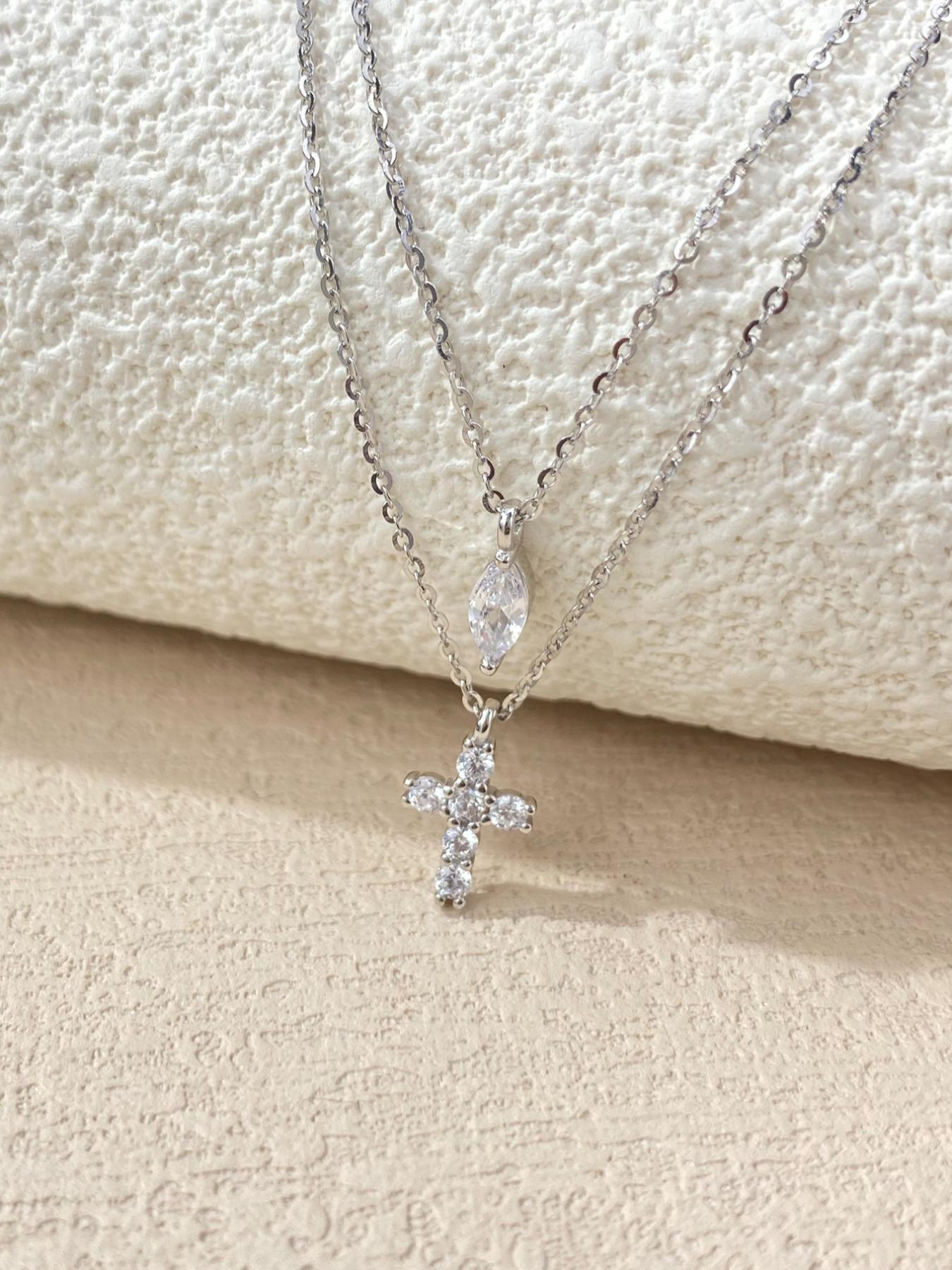 925 Sterling Silver Fashion Cross Pendant Necklace, Double Layered Artificial Zircon Decor Pendant Necklace, Trendy All-match & Exquisite Jewelry for Gift