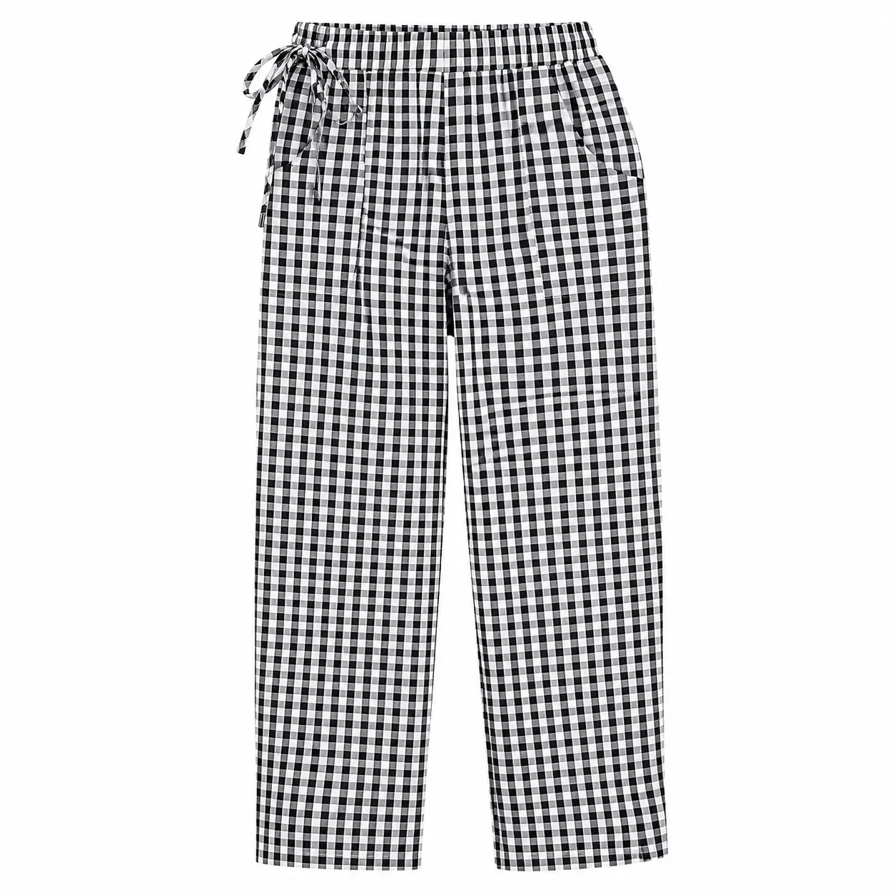 Women’s Black and White Gingham Pants, High Waist Drawstring Straight Leg Trousers with Large Pockets, Relaxed Ankle Length Casual Bottoms for Work, Travel and Everyday Weara