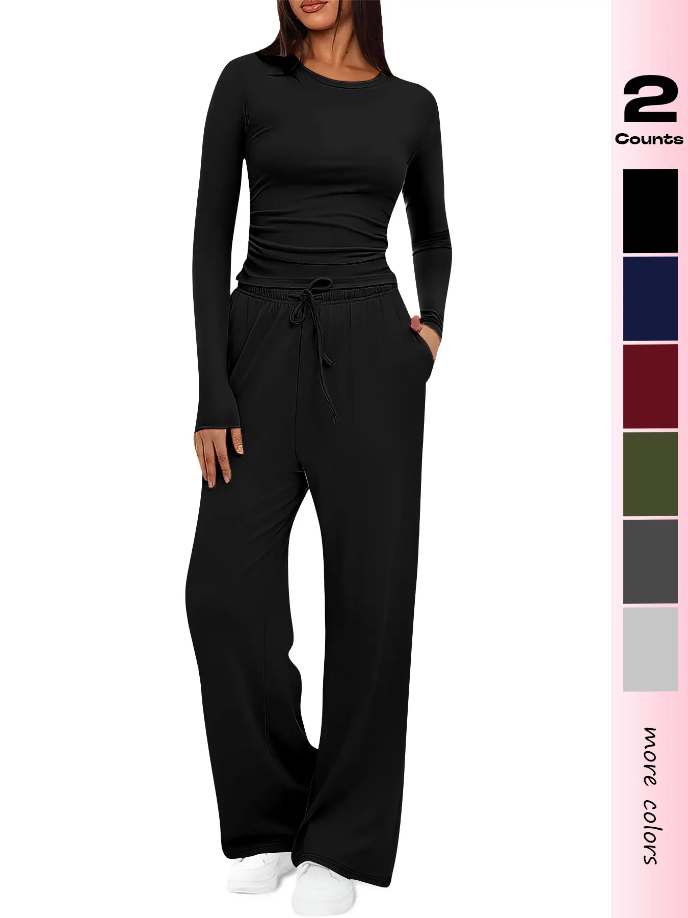 Women's Two-Piece Fall Winter Casual Set, Pleated Short Sleeve Top, High Waist Wide Leg Pants, Sportswear