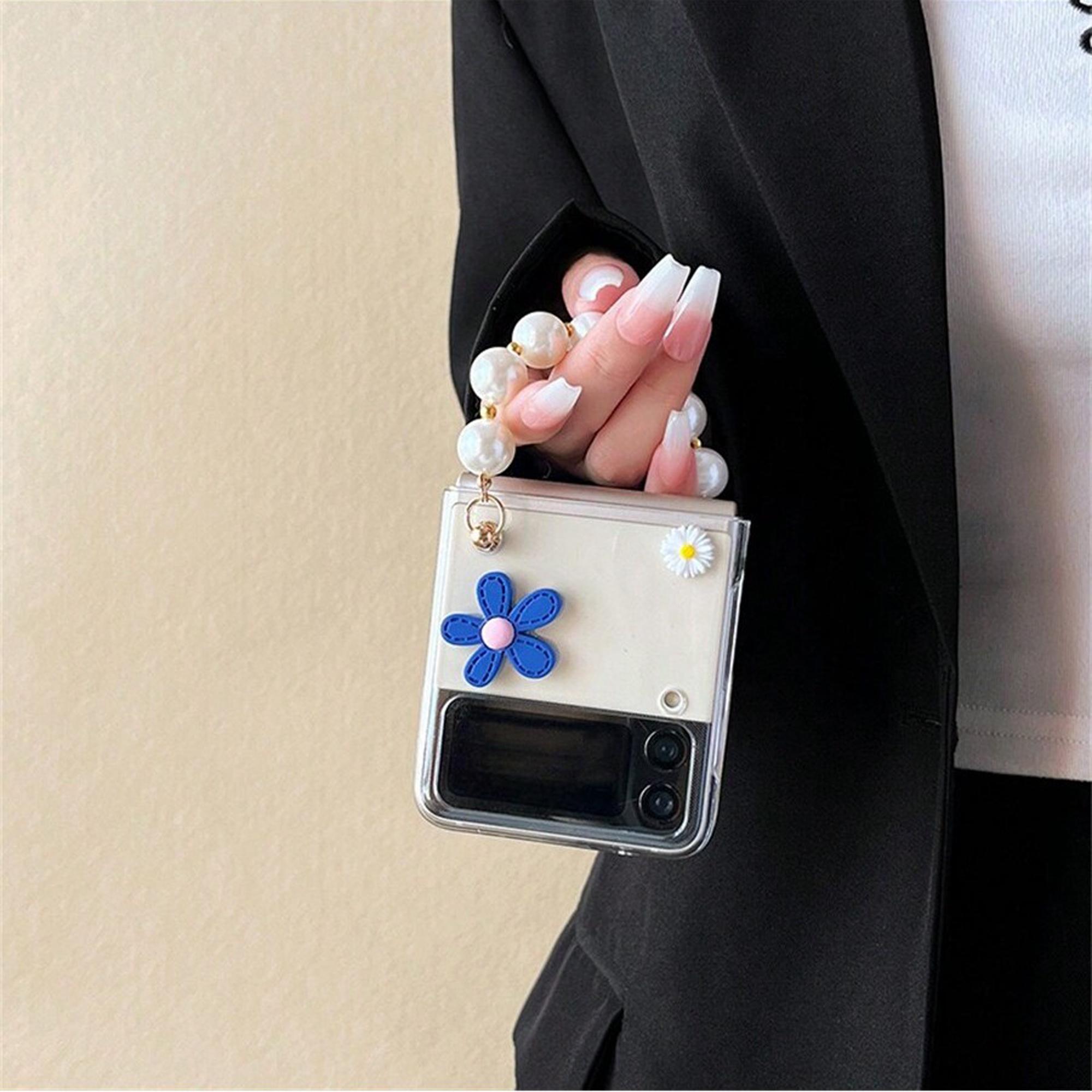 Cute Flower Design Phone Case with Pearl Chain, Fashion Phone Protective Cover, Phone Accessories Compatible with Samsung Galaxy Z Flip 3 4 5 6