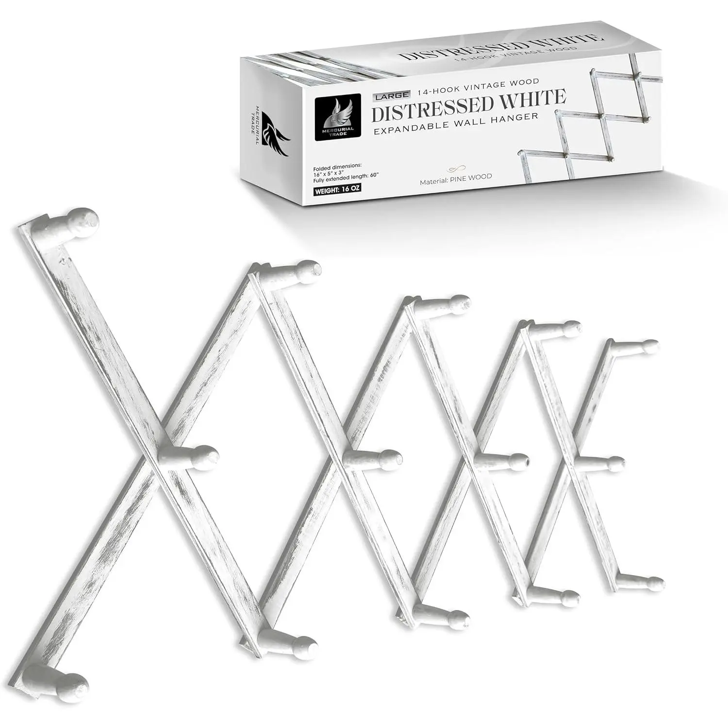 Expandable Wooden Coat Rack Hanger - Large Accordion Hanger with Expanding Pegs | Hand Made Rustic Wooden Hat Rack for Wall | Hang Coat, Jacket, Hat | Wall Rack – 14 Hook, Distressed White