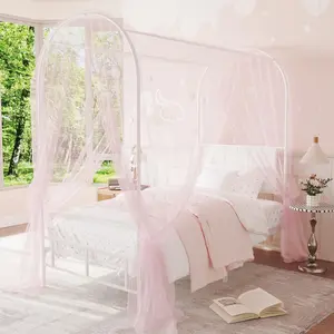 Twin Canopy Bed Frame, Metal Platform Twin Size Canopy Bed, Metal Four Posters, Upholstered Headboard, Strong Steel Slats Support, No Box Spring Needed, for Kids Children, Only Frame
