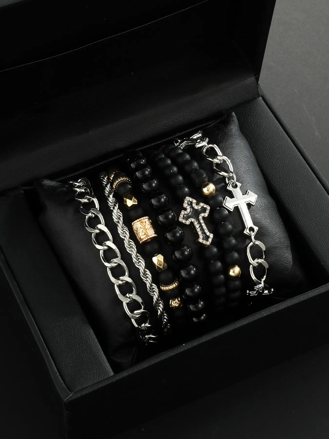 Men's Casual Fashion Stackable Beaded with Cross Beads and Diamond Style, Iron Chain and Zinc Alloy Hand Chain for Daily Wear, Great Gift for Boyfriend or Father, Bracelets Stack