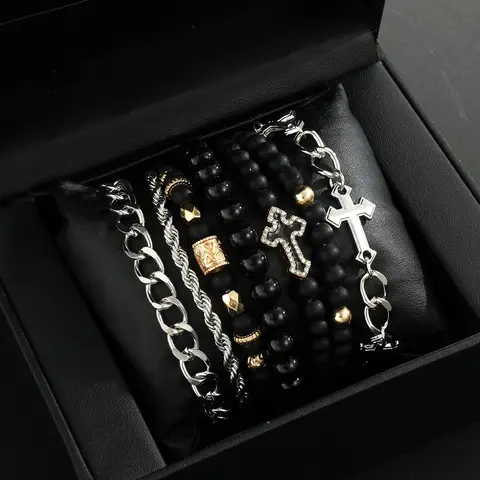 Men's Casual Fashion Stackable Beaded with Cross Beads and Diamond Style, Iron Chain and Zinc Alloy Hand Chain for Daily Wear, Great Gift for Boyfriend or Father, Bracelets Stack